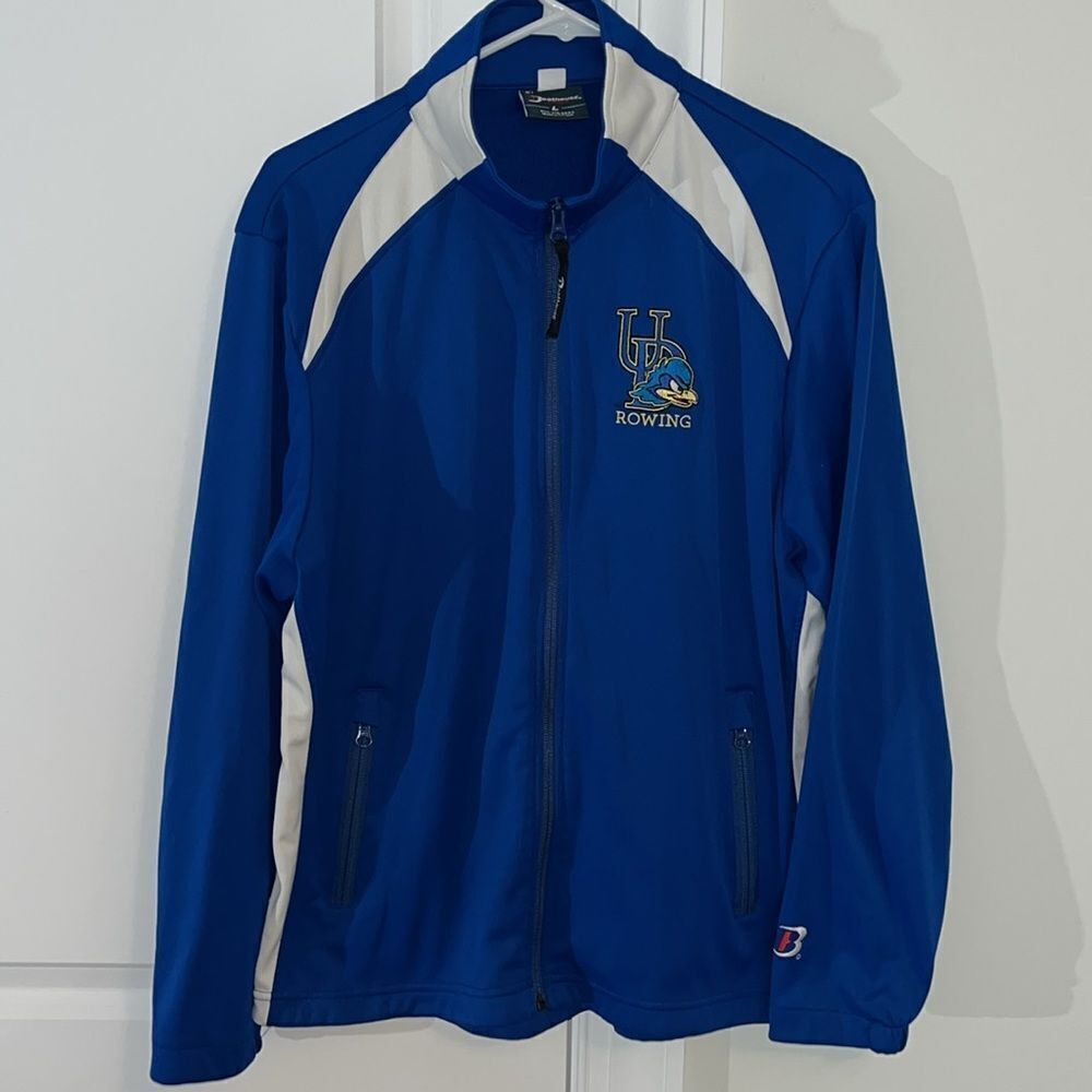 Full zip Boathouse Delaware Blue Hens Rowing team issue warm up jacket Womens L